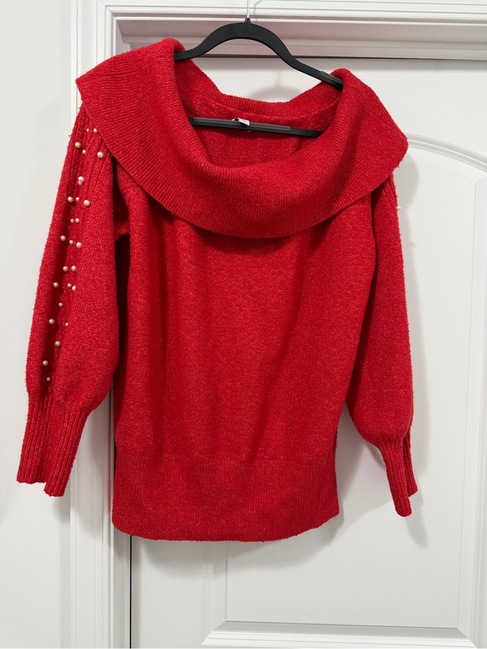 crown & ivy Red Pearl-Accent Cowl Neck Sweater